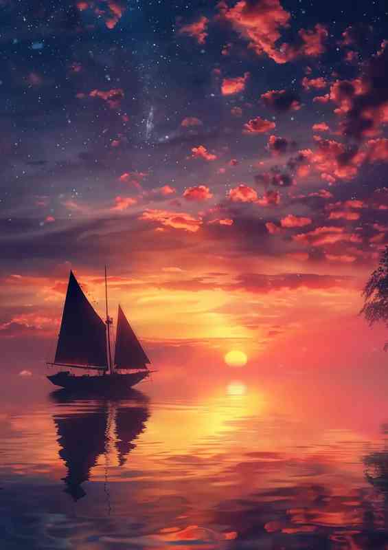 Small boat in the sea with red skies | Metal Poster