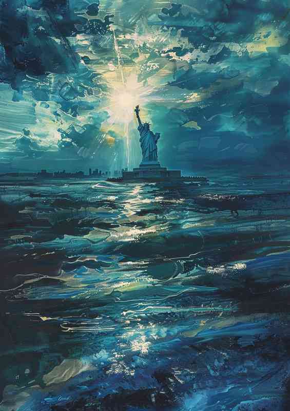 Sunrise behind the statue of liberty in the sea | Metal Poster