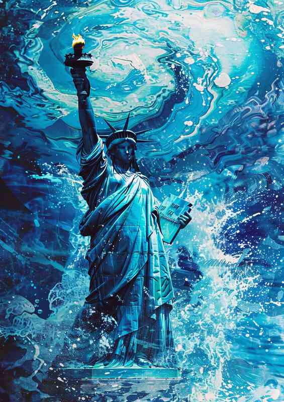 The statue of liberty against blue waves | Metal Poster