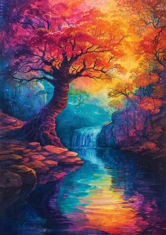 Coloured tree by the water | Metal Poster