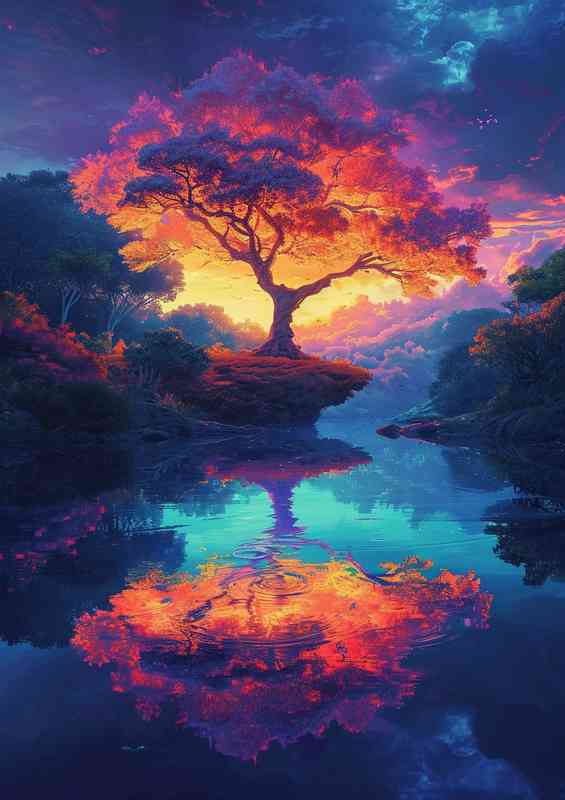 Orange style Tree with reflection form water | Metal Poster