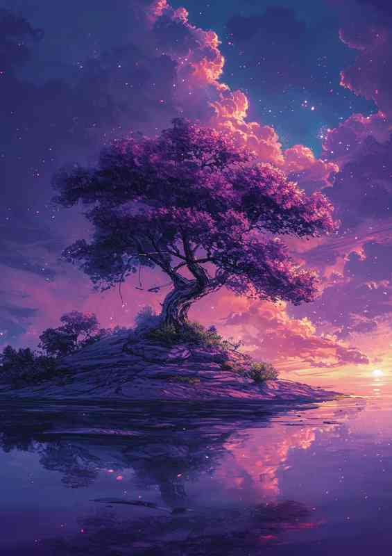 Painting of a tree on an Island with a beautiful purples | Metal Poster