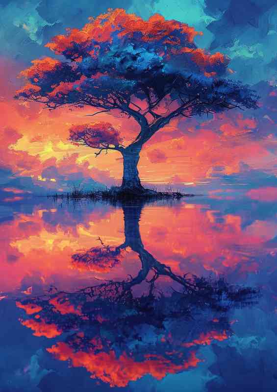 Single Tree colourful surrounded by a Lake | Metal Poster