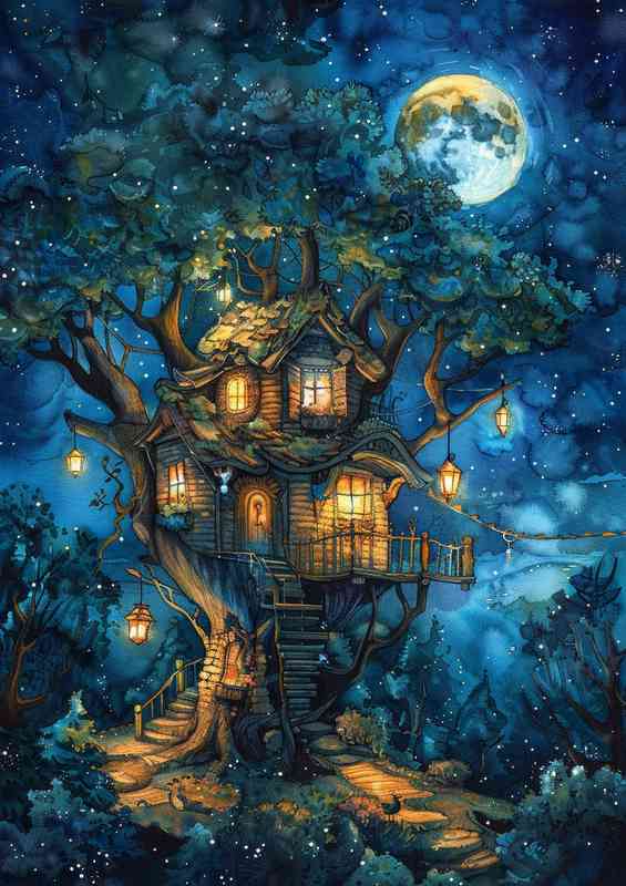 The Enchanted tree house at night | Metal Poster