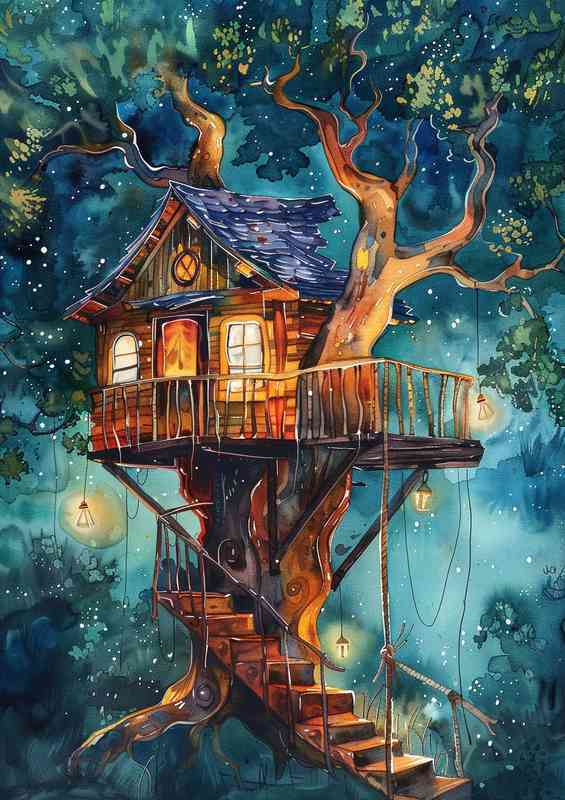 The Enchanted tree house with stairs | Metal Poster