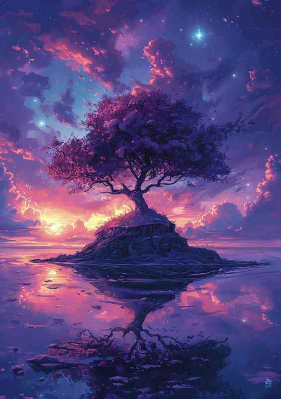 Tree on an island with purple colours | Metal Poster