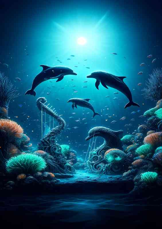 Underwater concert where dolphins and fish gracefully swim | Metal Poster