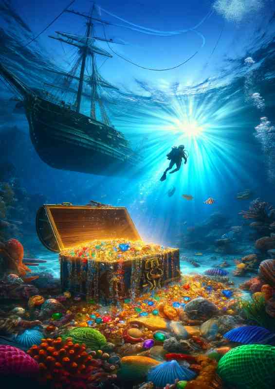 Wnderwater scene where a diver discovers a treasure chest | Metal Poster