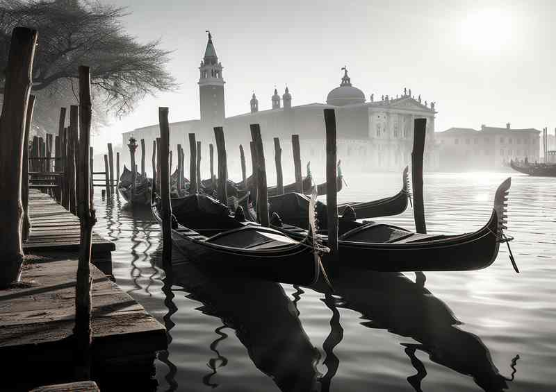 Gondola Silhouettes Venice's Monochrome Magic | Metal Poster