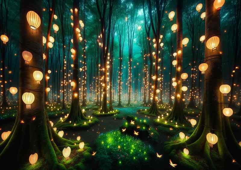 Enchanting Twilight Lantern Forest Metal Poster
