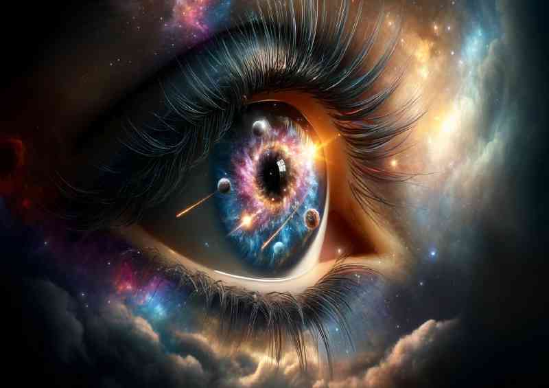 Eye reflecting a nebulous galaxy with stars and planets | Metal Poster