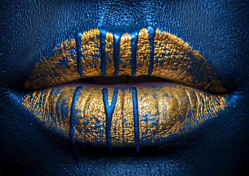 Gold and blue drip lips bling in the style of surrea | Metal Poster