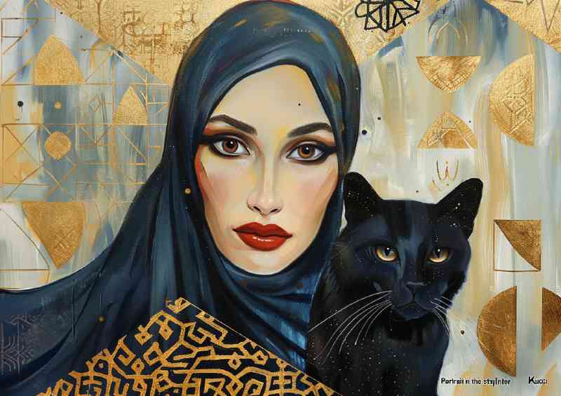 Woman with a black cat and head scarf | Metal Poster