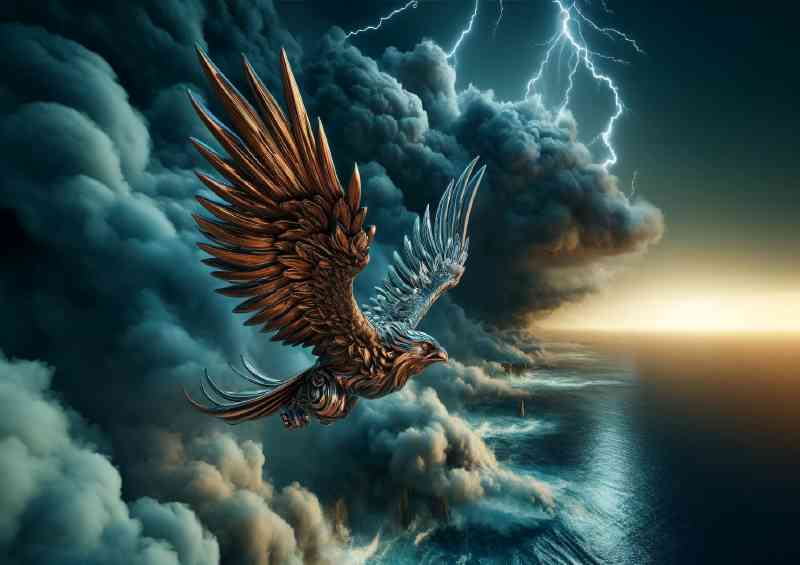 Metallic Eagle soaring over a stormy ocean | Metal Poster