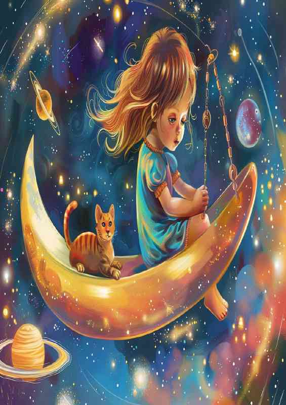 A Little girl and cat playing in space | Metal Poster