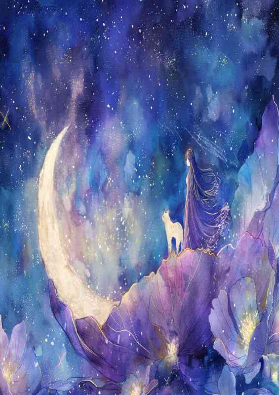 A Whimsical waterlilly and the moon white cat | Metal Poster