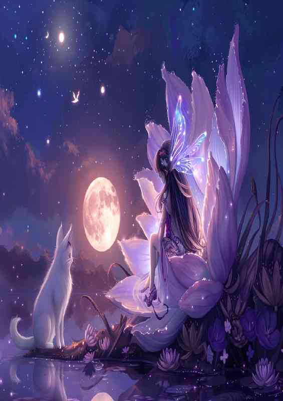 A beautiful fairy with long hair sits on the petal and cat | Metal Poster