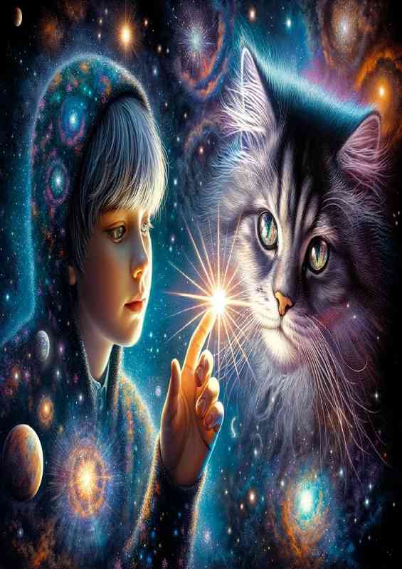 A girl and a cosmic cat | Metal Poster