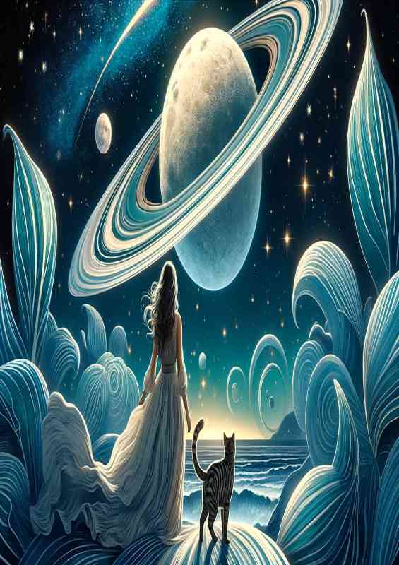 A woman and cat in a flowing dress her gaze fixed on the planets | Metal Poster