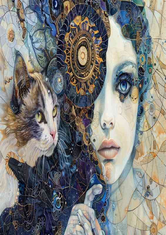 A woman with a cat next to her face in an abstract style | Metal Poster