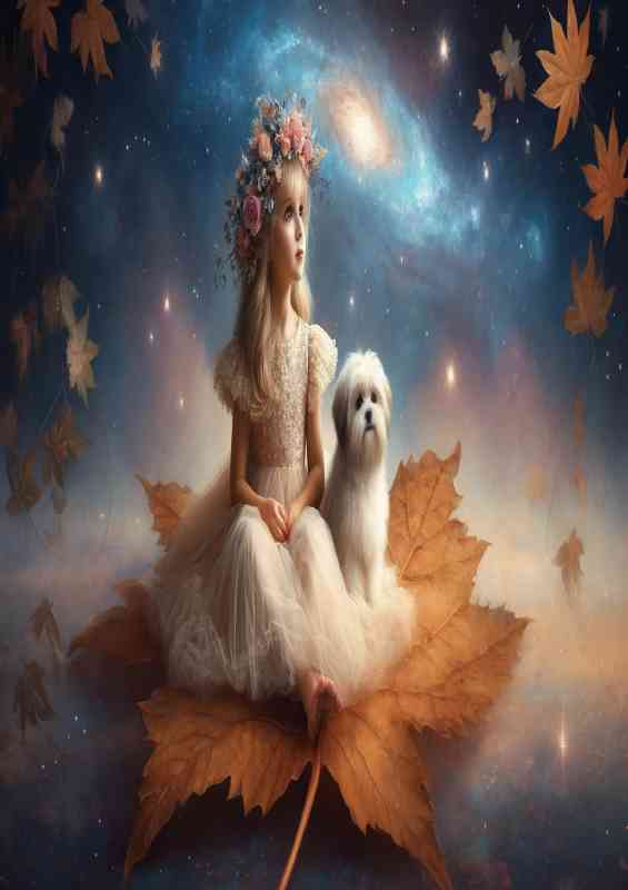 A young girl and a small fluffy dog sitting on a large leaf | Metal Poster