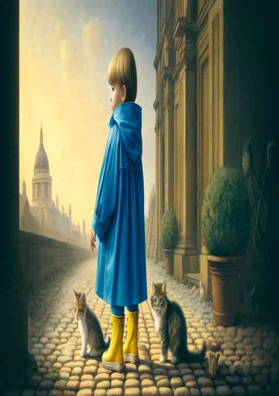 Child in a bright blue raincoat with kittens | Metal Poster