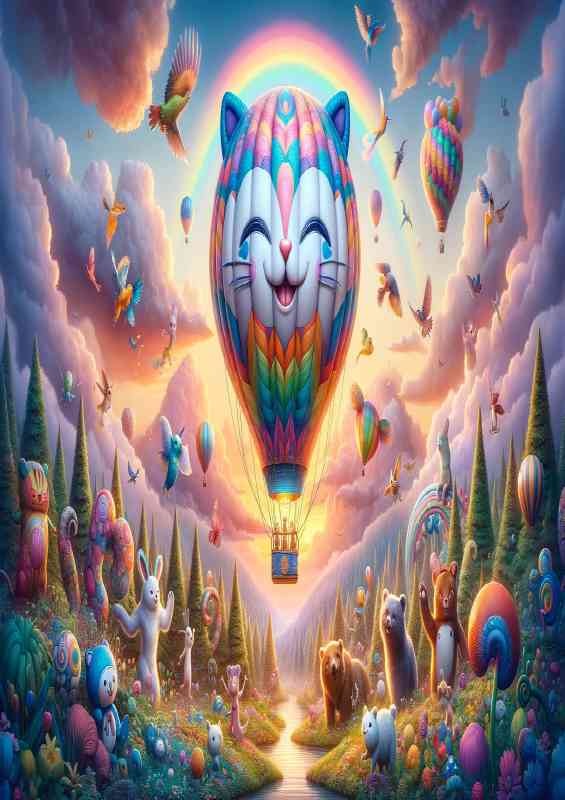 Colorful hot air balloon shaped like a giant smiling cat | Metal Poster