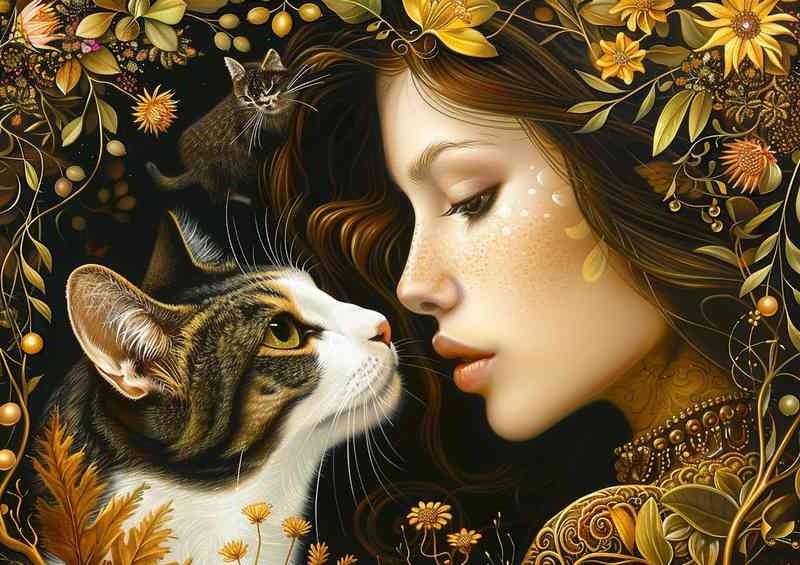 Fantasy painting of a woman with her Cat | Metal Poster