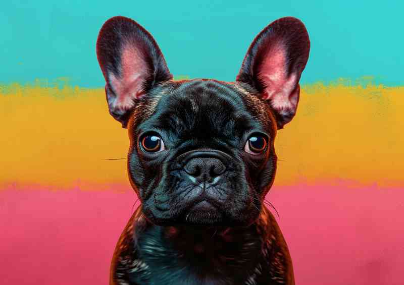 French buldog in a tri coloured background | Metal Poster
