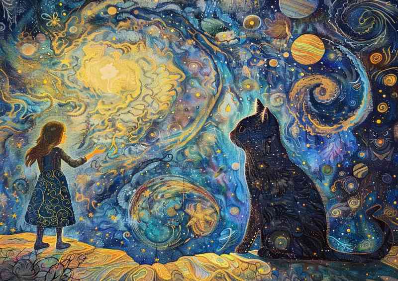 Girl is standing before a cat with stars and_planet | Metal Poster