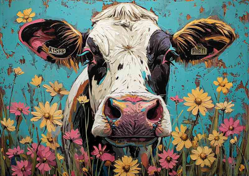 Katie the Cow on a blue background in a flower field | Metal Poster