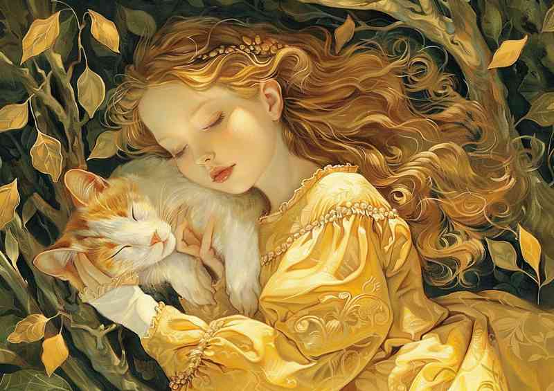 Little girl and her Cat sleeping | Metal Poster