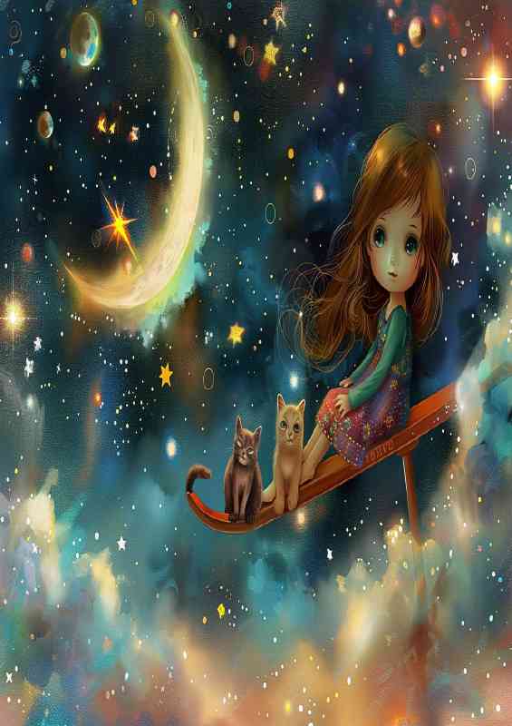 Little girl brown hair in space playing with cats | Metal Poster