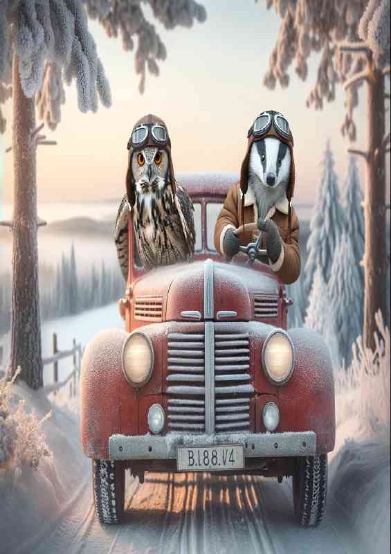 Owl and a Badger both wearing pilot helmets a rustic red truck | Metal Poster