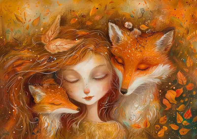 Painting of two foxes with an autumn girl | Metal Poster