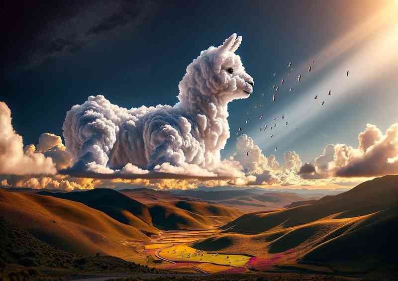 White clouds form the shape of a whimsical Llama in the sky | Metal Poster