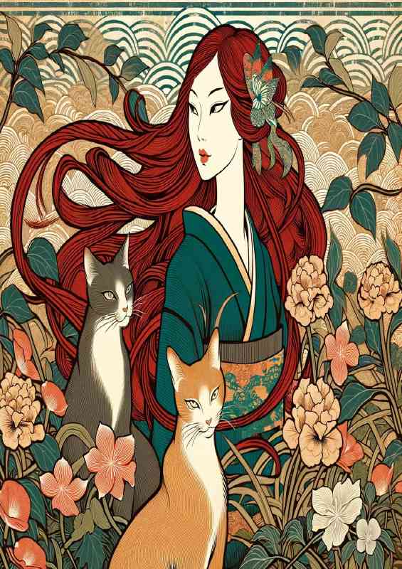 Woman with flowing red hair and two cats | Metal Poster