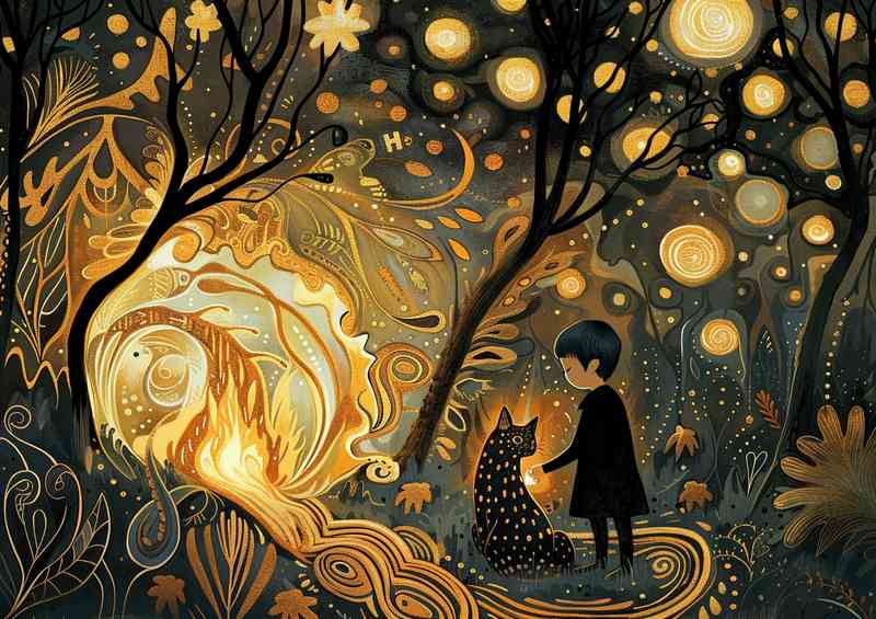 Young boy with cat near a fire in a dark forest | Metal Poster
