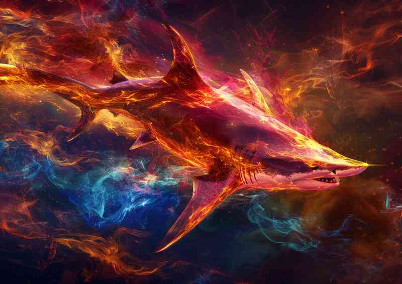 Digital print depicting a shark in fire and smoke | Metal Poster