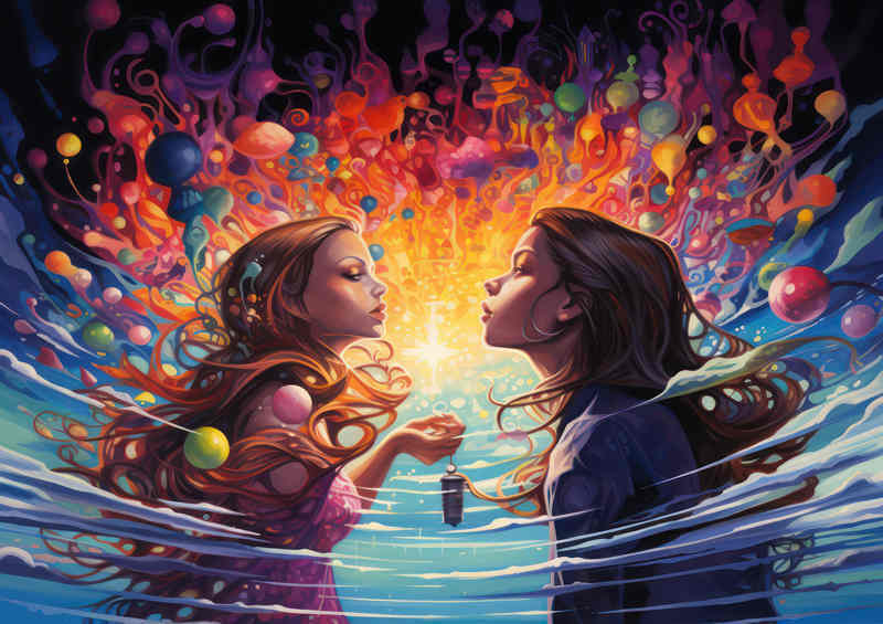 Two girls in a fantasy universe so colourful and bright | Metal Poster