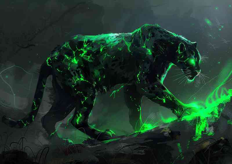 A Black Panther with neon green light | Metal Poster