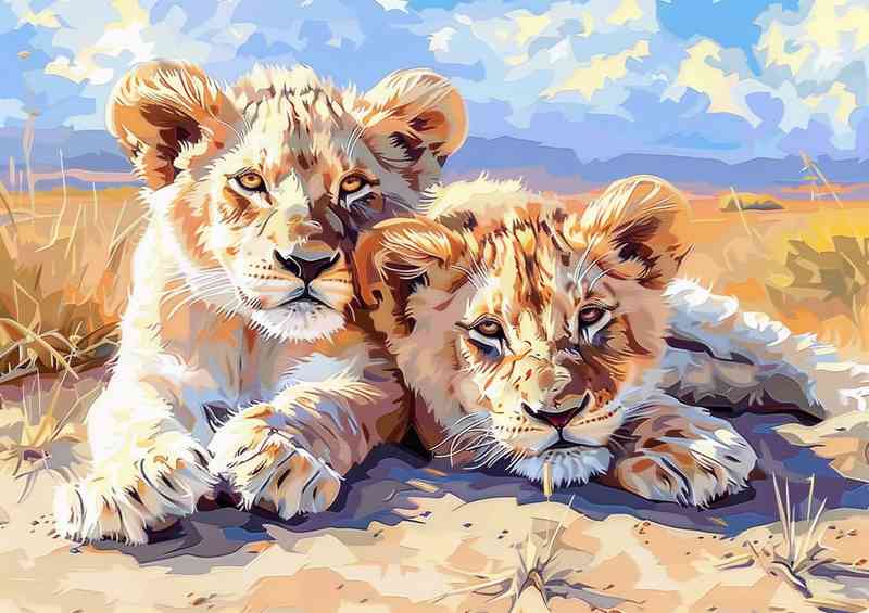 A Pair of Lion Cubs in the desert sun | Metal Poster