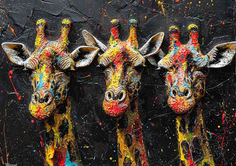 A colourful set of giraffe heads splashed art | Metal Poster