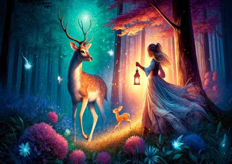 A young girl with a lantern encountering a deer and its fawn | Metal Poster