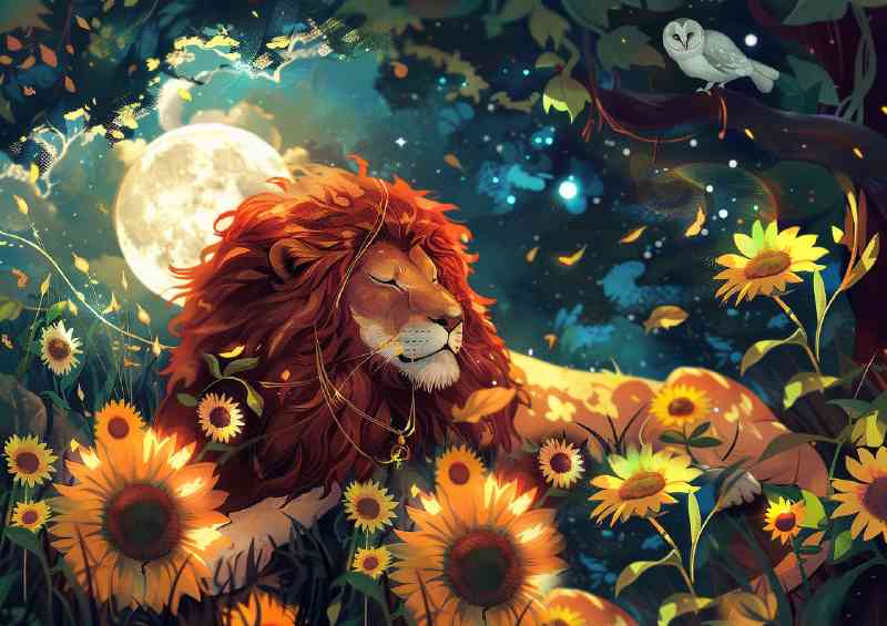Beautiful Lion lies in the forest surrounded by sun | Metal Poster