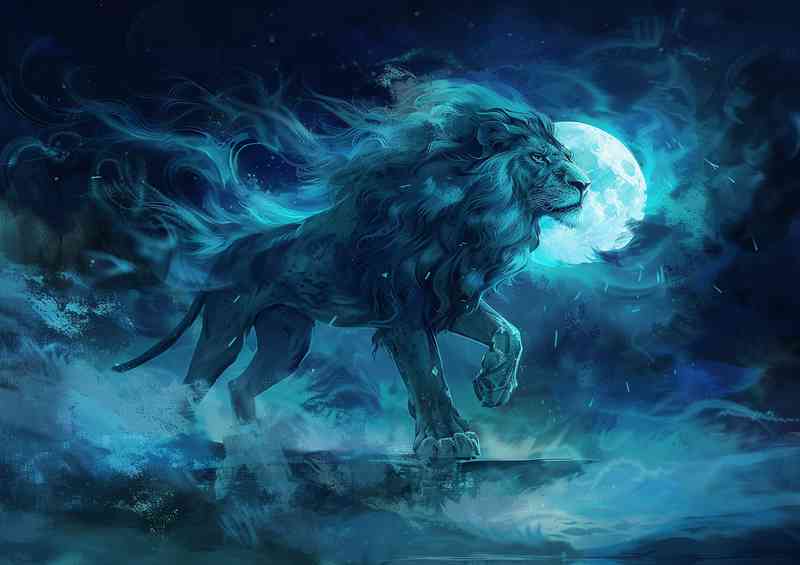 Big Lion standing with the moon in blue | Metal Poster