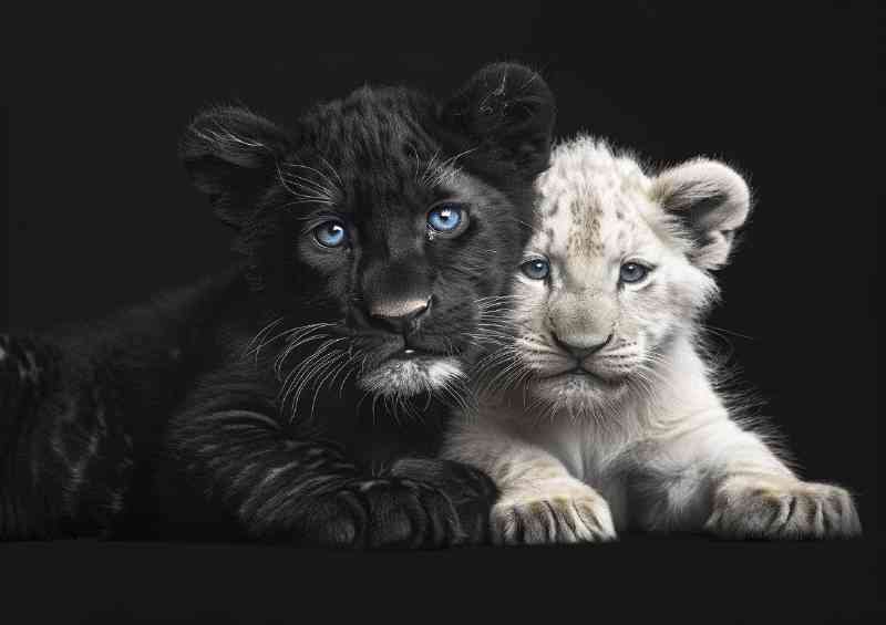 Black Panther and white Lion cub black and gray fur | Metal Poster