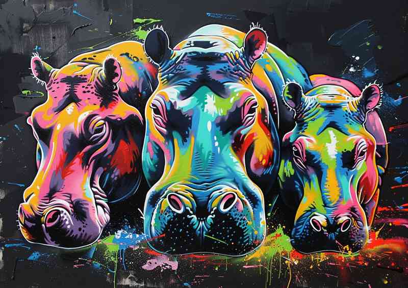 Colorful hippopotamus family graffiti | Metal Poster