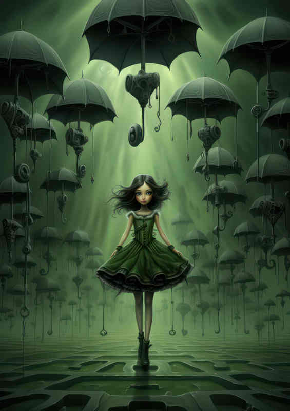 Lirl in green dress surrounded by umberellas art style | Metal Poster