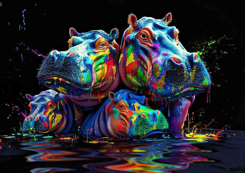 Colorful splash hippo family In water | Metal Poster